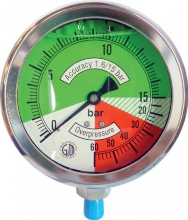 Manomètre 0-15 bars diamètre 100 mm 1/4'' gaz