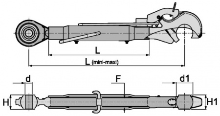 Barre de poussee mecanique rotule-crochet longueur 575-880 cat2