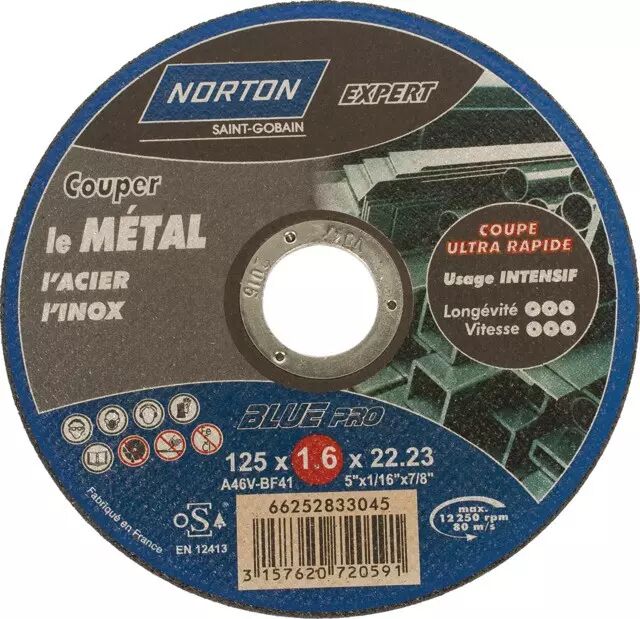 Disque à tronçonner pour métaux et inox 125 x 1.6 x 22.23 mm
