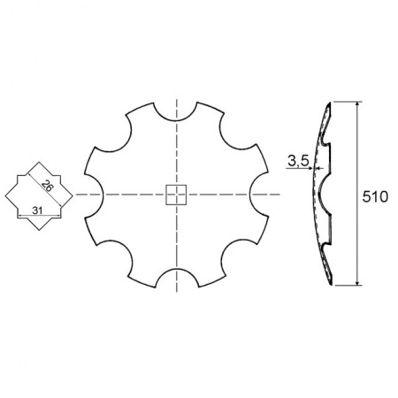 Disque crénelé diamètre 510x4 mm trou carré 26 ou 31 mm
