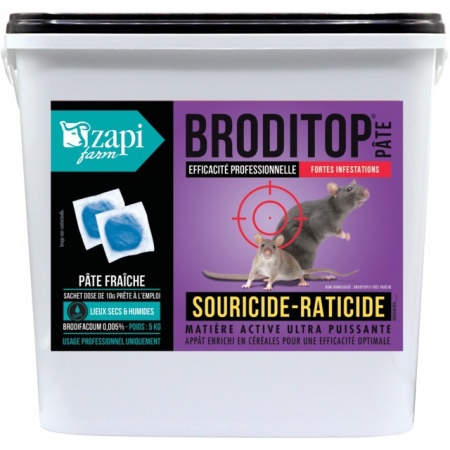 Souricide raticide pro broditop pate brodifacoum sachet 10g / seau 5kg zapi